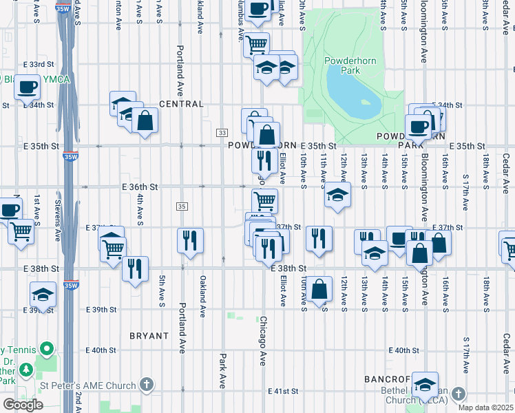 map of restaurants, bars, coffee shops, grocery stores, and more near 3623 Chicago Avenue in Minneapolis