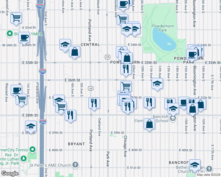 map of restaurants, bars, coffee shops, grocery stores, and more near 3620 Columbus Avenue South in Minneapolis