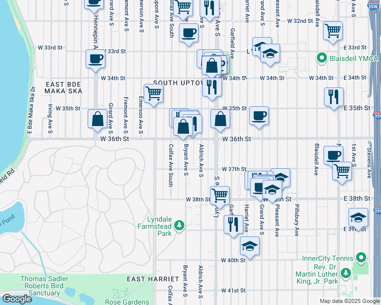 map of restaurants, bars, coffee shops, grocery stores, and more near 3620 Bryant Avenue South in Minneapolis