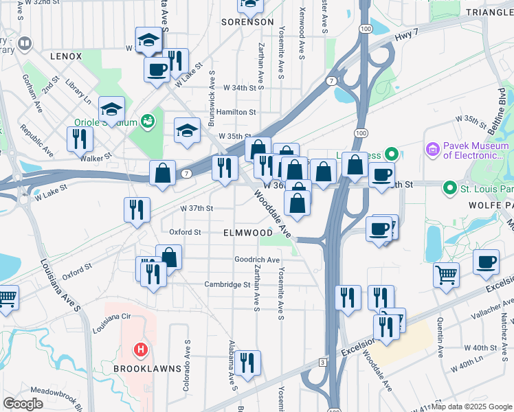 map of restaurants, bars, coffee shops, grocery stores, and more near 5810 West 37th Street in St. Louis Park