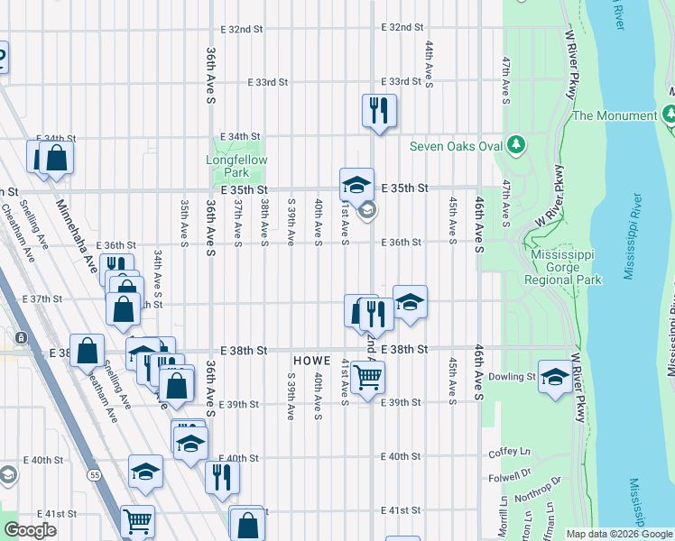 map of restaurants, bars, coffee shops, grocery stores, and more near 3628 41st Avenue South in Minneapolis