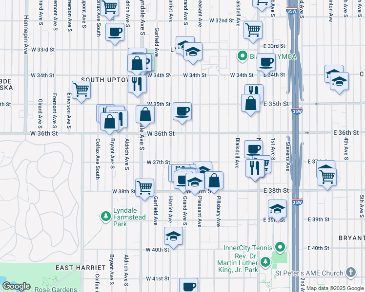map of restaurants, bars, coffee shops, grocery stores, and more near 3622 Grand Avenue South in Minneapolis