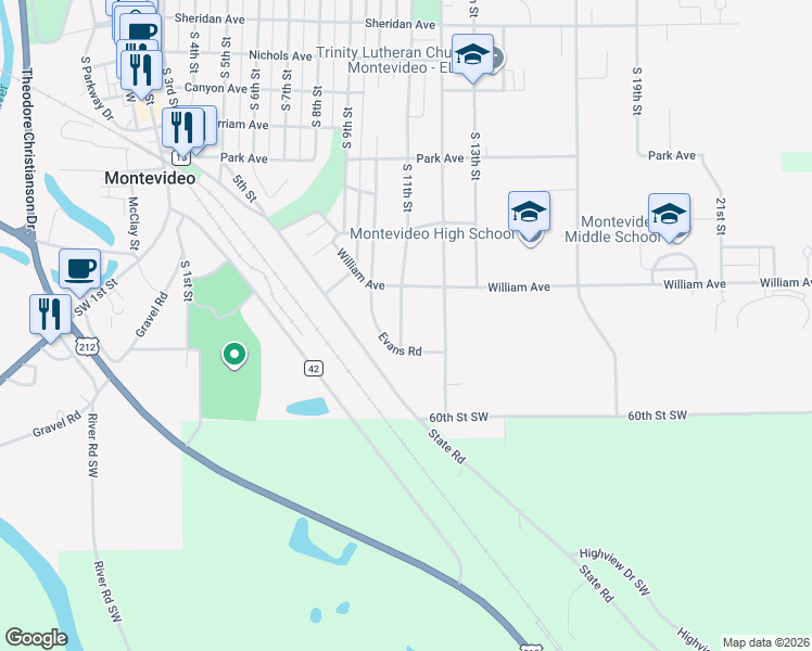 map of restaurants, bars, coffee shops, grocery stores, and more near 824 South 11th Street in Montevideo