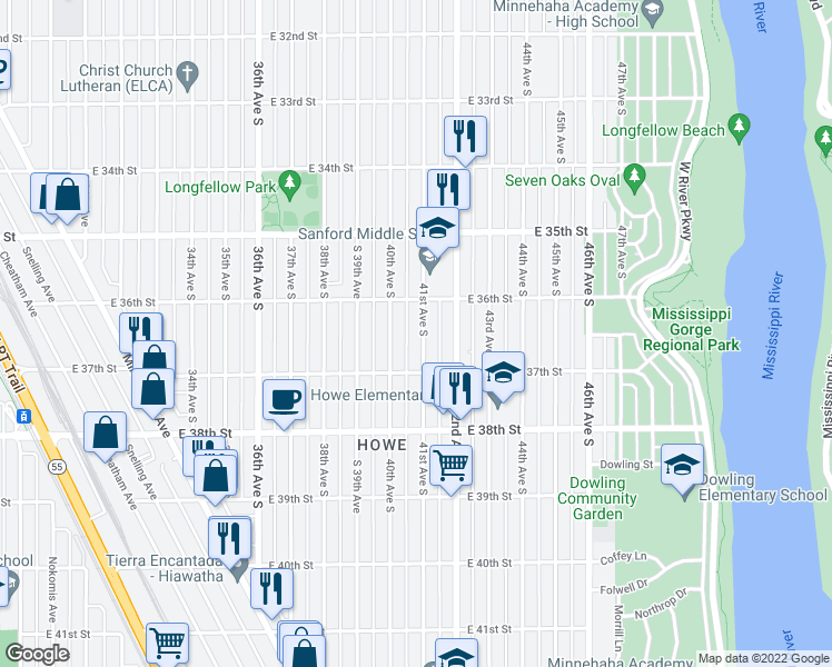 map of restaurants, bars, coffee shops, grocery stores, and more near 3628 41st Avenue South in Minneapolis