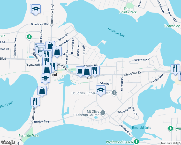 map of restaurants, bars, coffee shops, grocery stores, and more near 5336 Shoreline Drive in Mound