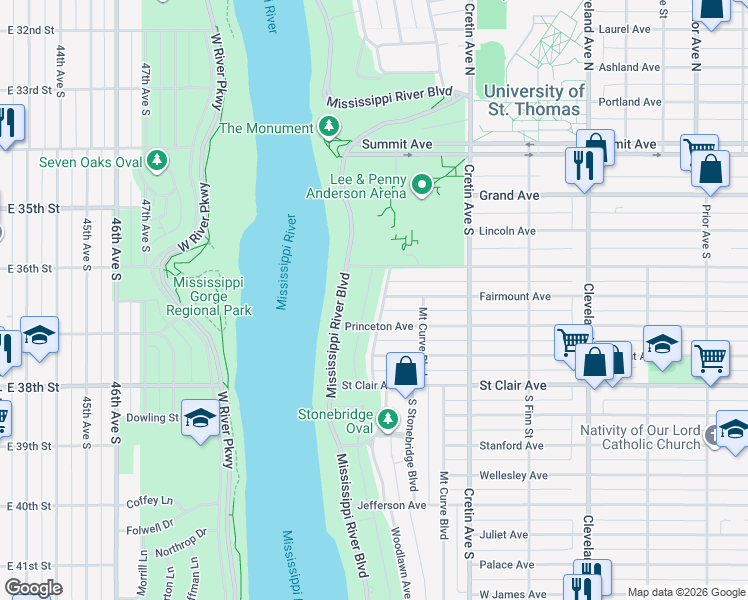 map of restaurants, bars, coffee shops, grocery stores, and more near 157 Woodlawn Avenue in Saint Paul