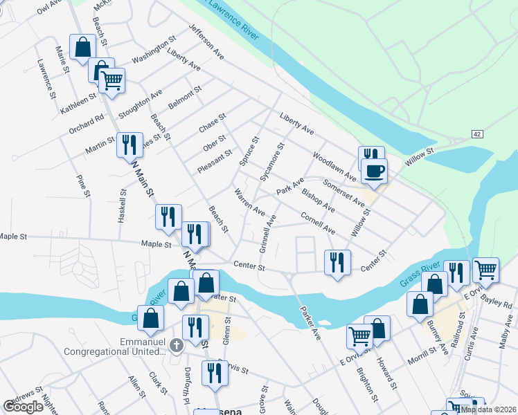 map of restaurants, bars, coffee shops, grocery stores, and more near 46 Park Avenue in Massena