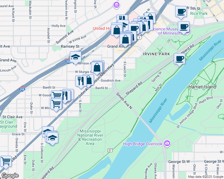 map of restaurants, bars, coffee shops, grocery stores, and more near 485 Smith Avenue South in Saint Paul