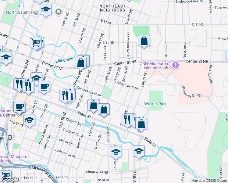 map of restaurants, bars, coffee shops, grocery stores, and more near 398 21st Street Northeast in Salem