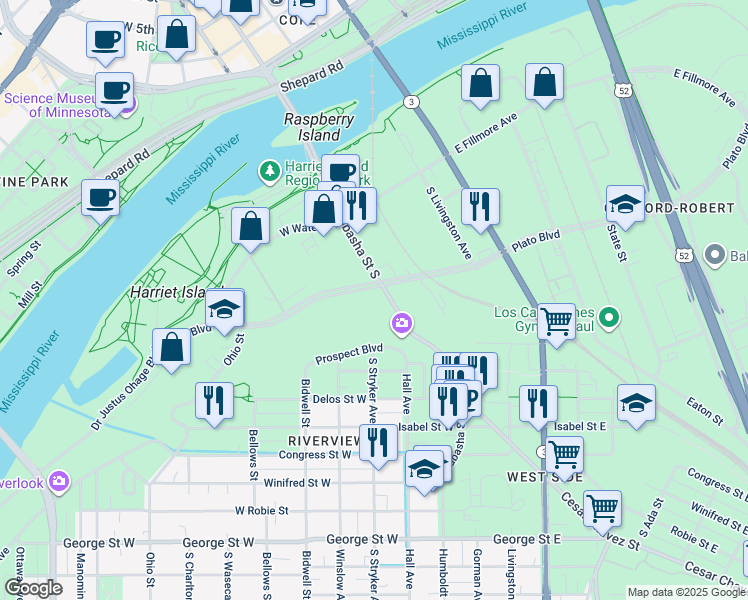 map of restaurants, bars, coffee shops, grocery stores, and more near 205 Wabasha Street South in Saint Paul