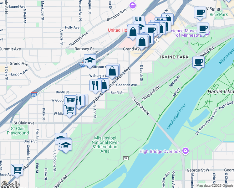 map of restaurants, bars, coffee shops, grocery stores, and more near 262 Banfil Street in Saint Paul