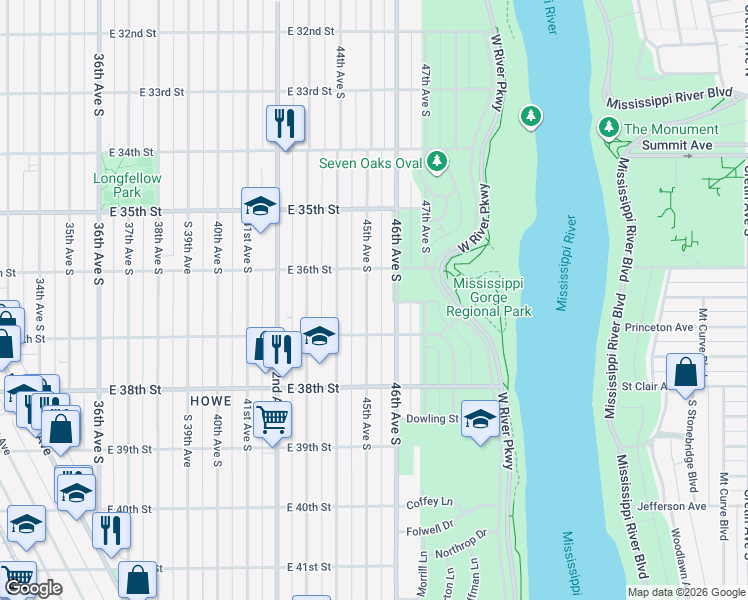 map of restaurants, bars, coffee shops, grocery stores, and more near 3629 45th Avenue South in Minneapolis