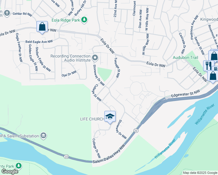 map of restaurants, bars, coffee shops, grocery stores, and more near 300 Stoneway Drive Northwest in Salem