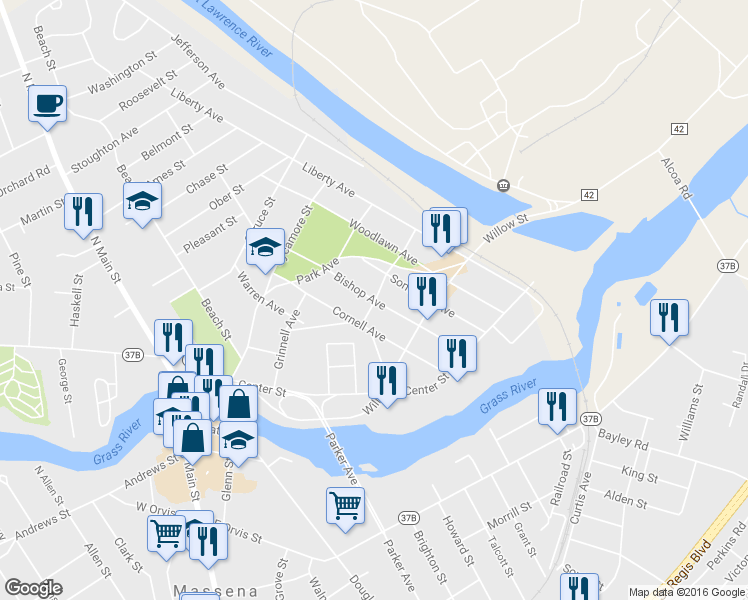 map of restaurants, bars, coffee shops, grocery stores, and more near 86 Bishop Avenue in Massena