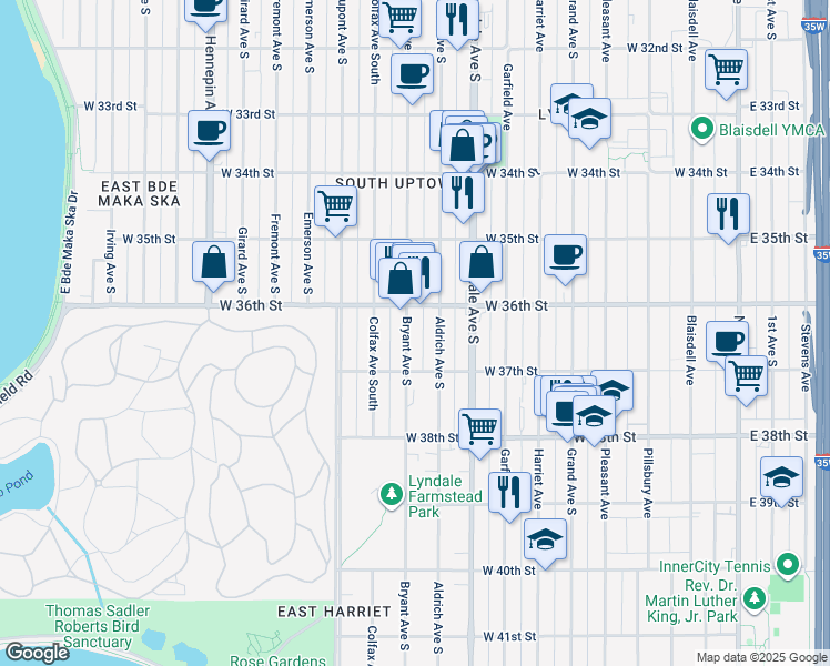 map of restaurants, bars, coffee shops, grocery stores, and more near 3621 Bryant Avenue South in Minneapolis