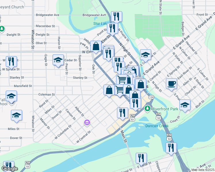 map of restaurants, bars, coffee shops, grocery stores, and more near 119 W Willow St in Chippewa Falls