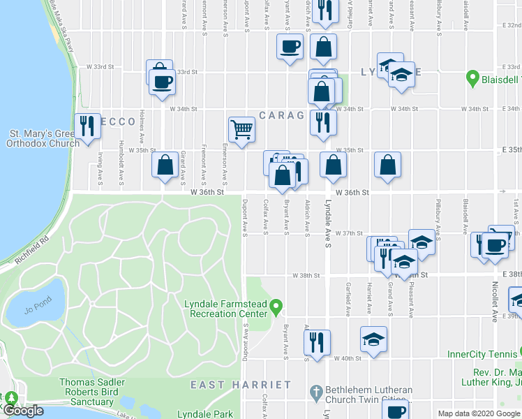 map of restaurants, bars, coffee shops, grocery stores, and more near 3620 Colfax Avenue South in Minneapolis