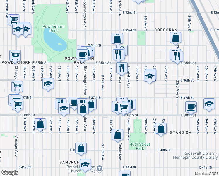 map of restaurants, bars, coffee shops, grocery stores, and more near 3624 18th Avenue South in Minneapolis