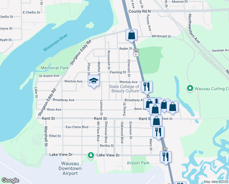 map of restaurants, bars, coffee shops, grocery stores, and more near 1924 Fairmount Street in Wausau