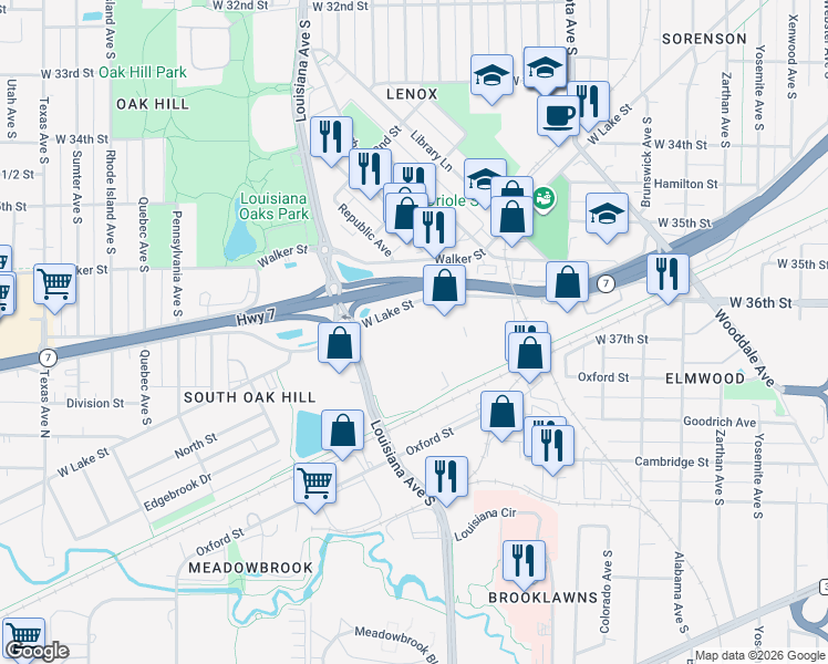 map of restaurants, bars, coffee shops, grocery stores, and more near 3735 Monitor Street in St. Louis Park