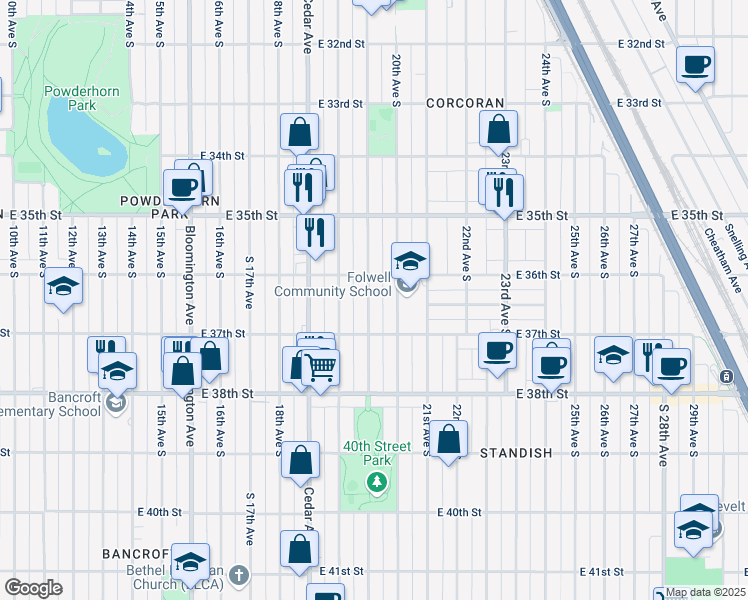 map of restaurants, bars, coffee shops, grocery stores, and more near 3625 19th Avenue South in Minneapolis