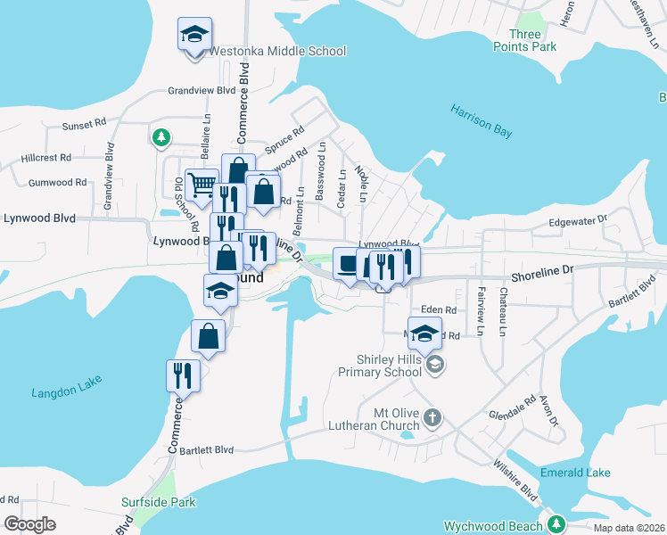 map of restaurants, bars, coffee shops, grocery stores, and more near 5424 Shoreline Drive in Mound