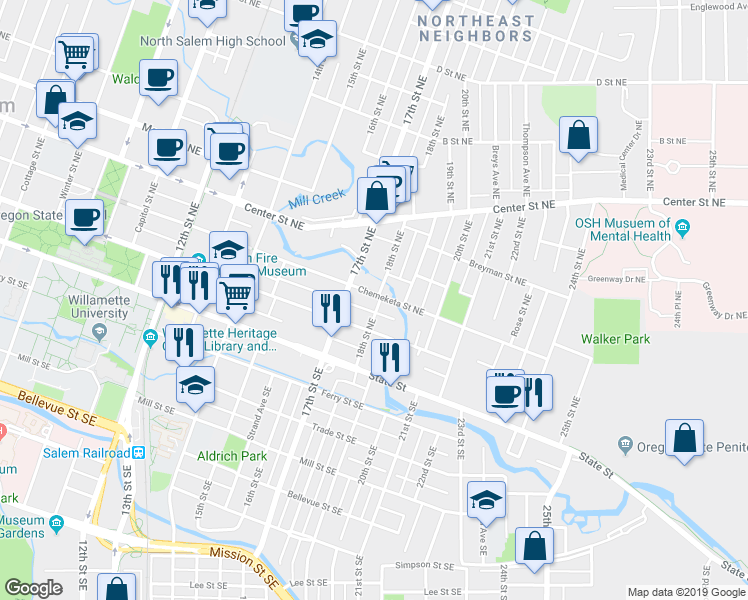 map of restaurants, bars, coffee shops, grocery stores, and more near 1796 Chemeketa Street Northeast in Salem