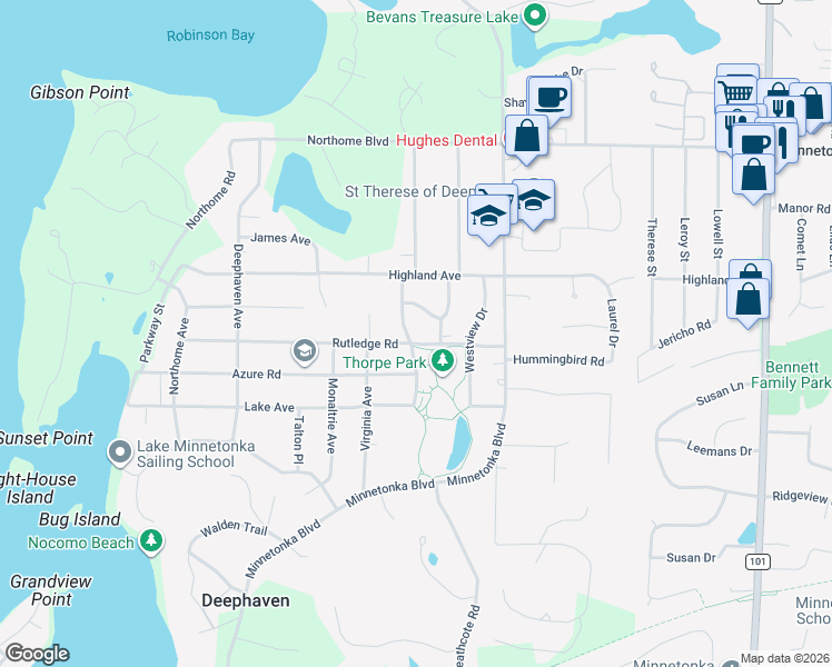 map of restaurants, bars, coffee shops, grocery stores, and more near 18500 Rutledge Road in Wayzata