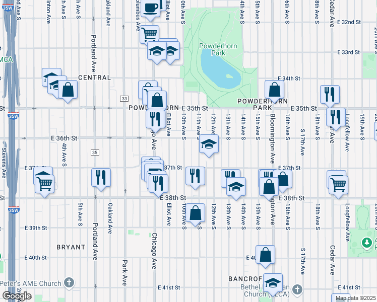 map of restaurants, bars, coffee shops, grocery stores, and more near 3621 10th Avenue South in Minneapolis