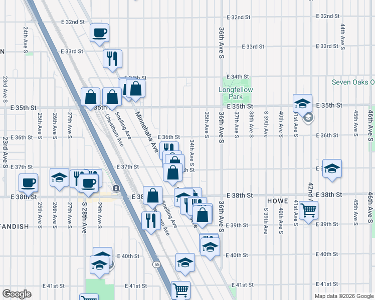 map of restaurants, bars, coffee shops, grocery stores, and more near 3624 34th Avenue South in Minneapolis