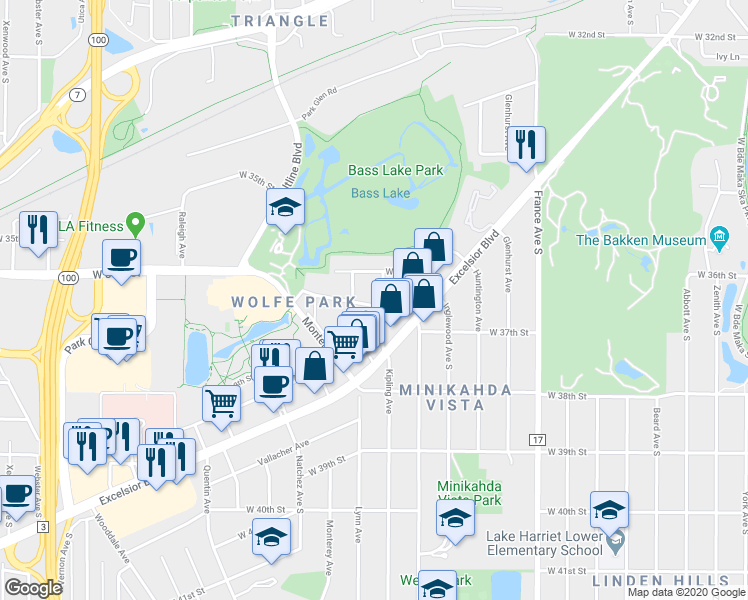 map of restaurants, bars, coffee shops, grocery stores, and more near 3624 Kipling Avenue in Minneapolis