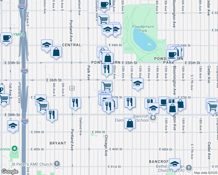 map of restaurants, bars, coffee shops, grocery stores, and more near 3623 Chicago Avenue South in Minneapolis