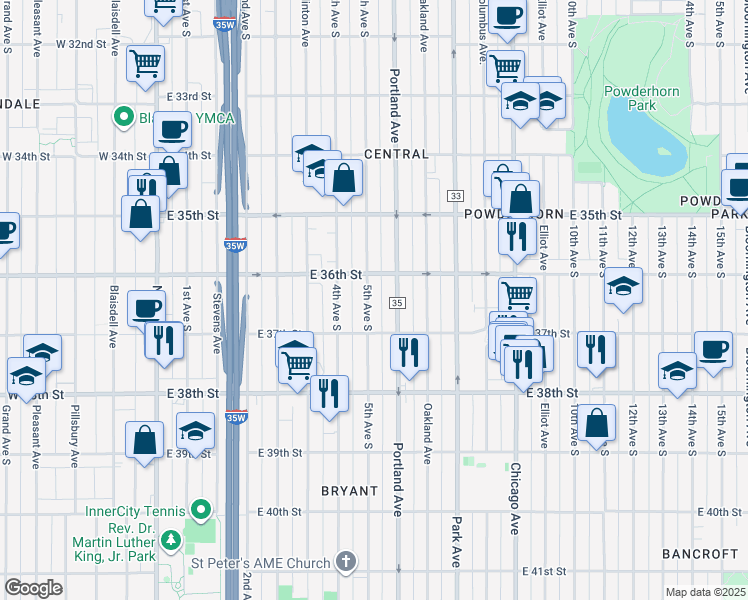 map of restaurants, bars, coffee shops, grocery stores, and more near 3625 South 5th Avenue in Minneapolis