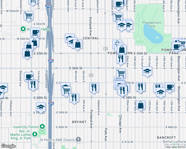 map of restaurants, bars, coffee shops, grocery stores, and more near 3621 Portland Avenue in Minneapolis