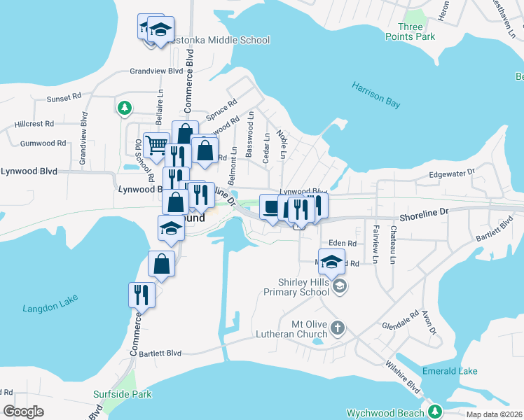 map of restaurants, bars, coffee shops, grocery stores, and more near 5424 Shoreline Drive in Mound