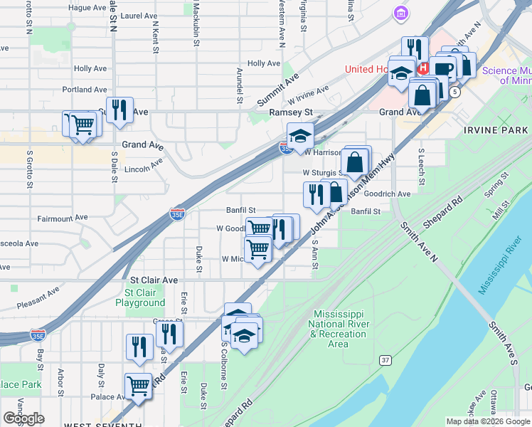 map of restaurants, bars, coffee shops, grocery stores, and more near 406 Banfil Street in Saint Paul