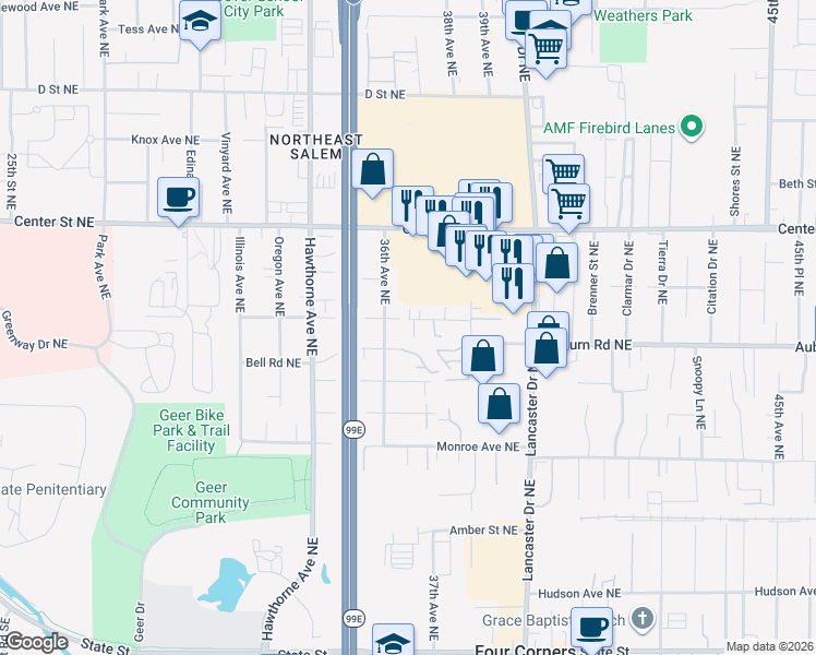 map of restaurants, bars, coffee shops, grocery stores, and more near 3690 Midway Avenue Northeast in Salem
