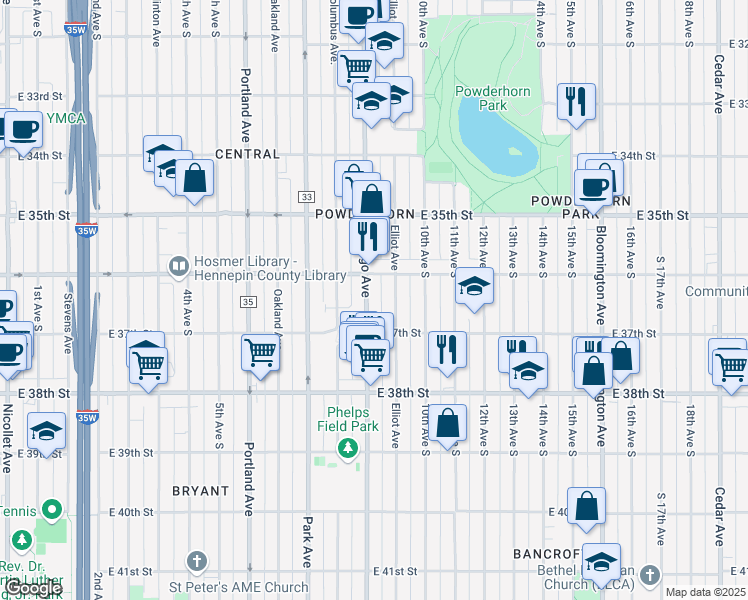 map of restaurants, bars, coffee shops, grocery stores, and more near 3623 Chicago Avenue in Minneapolis