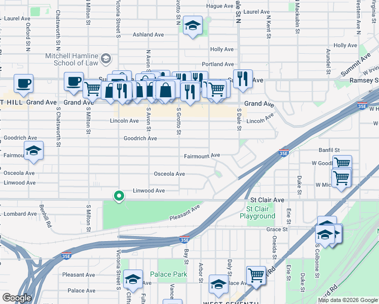 map of restaurants, bars, coffee shops, grocery stores, and more near 721 Fairmount Avenue in Saint Paul