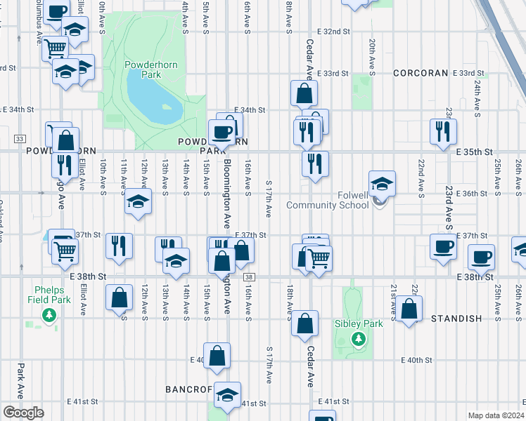 map of restaurants, bars, coffee shops, grocery stores, and more near 3620 South 17th Avenue in Minneapolis