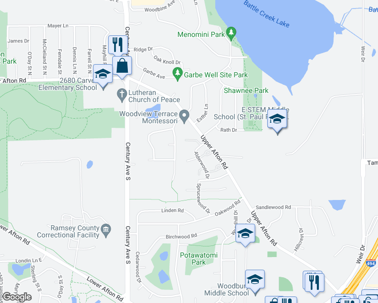 map of restaurants, bars, coffee shops, grocery stores, and more near 6337 Alderwood Circle in Woodbury