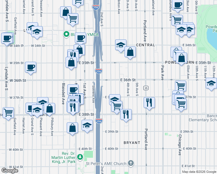 map of restaurants, bars, coffee shops, grocery stores, and more near 3622 3rd Avenue South in Minneapolis