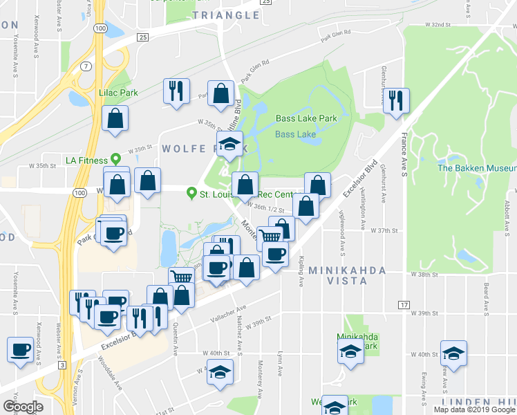 map of restaurants, bars, coffee shops, grocery stores, and more near 3624 Lynn Avenue in Minneapolis