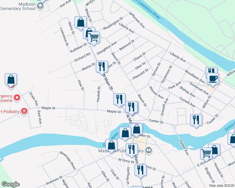 map of restaurants, bars, coffee shops, grocery stores, and more near 73 N Main St in Massena