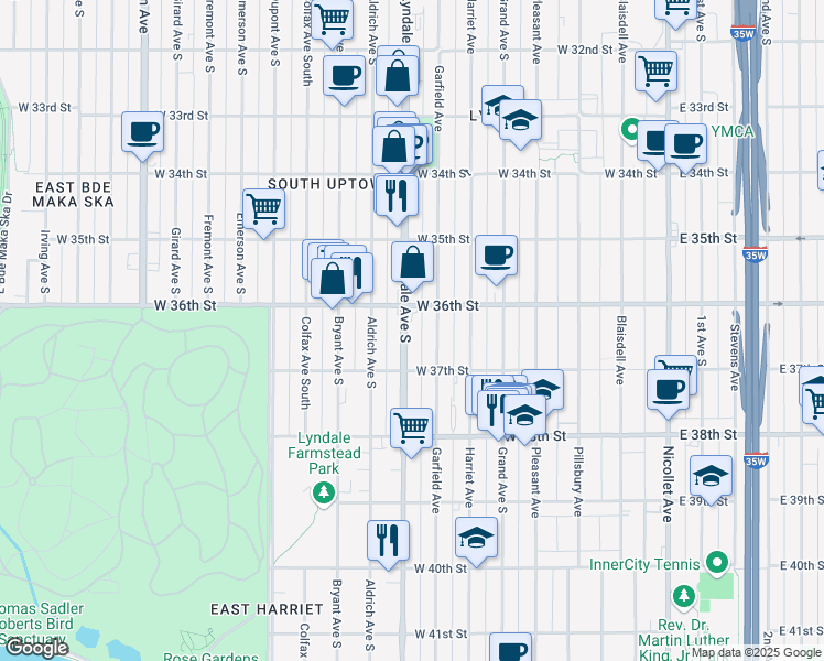 map of restaurants, bars, coffee shops, grocery stores, and more near 3619 Lyndale Avenue South in Minneapolis