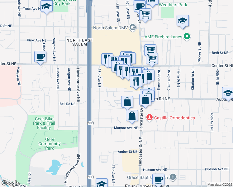 map of restaurants, bars, coffee shops, grocery stores, and more near 3810 Midway Avenue Northeast in Salem