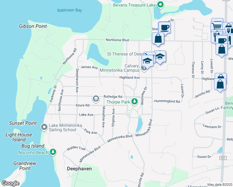 map of restaurants, bars, coffee shops, grocery stores, and more near 3645 Virginia Avenue in Wayzata