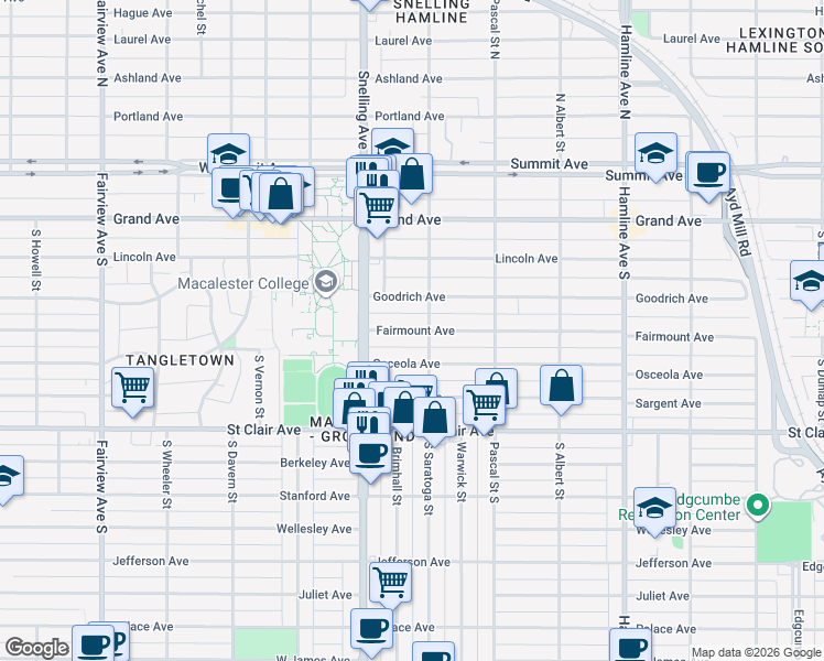 map of restaurants, bars, coffee shops, grocery stores, and more near 1533 Fairmount Avenue in Saint Paul