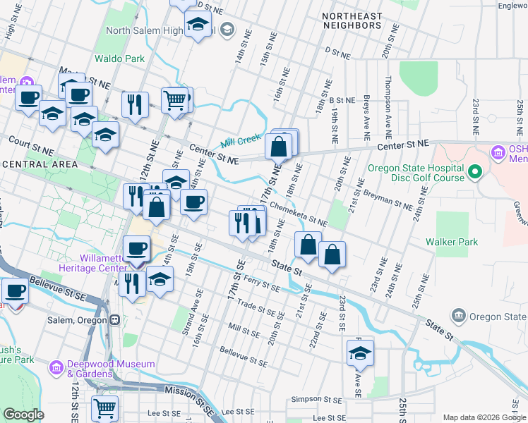 map of restaurants, bars, coffee shops, grocery stores, and more near 265 17th Street Northeast in Salem