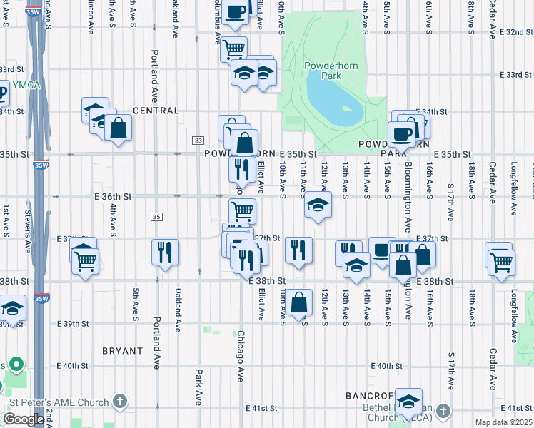 map of restaurants, bars, coffee shops, grocery stores, and more near 3619 Elliot Avenue in Minneapolis